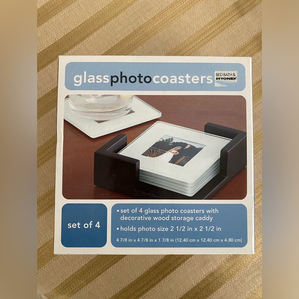 Glass Photo Frame Coaster Set With Holder- New, never removed from packaging